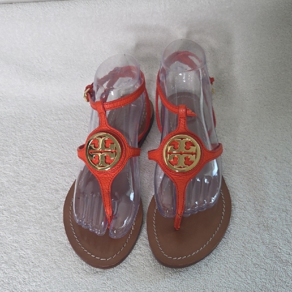 Tory Burch Shoes - Tory Burch Orange Leather Logo T-Strap Sandals 7.5M Missing Part Of Strap